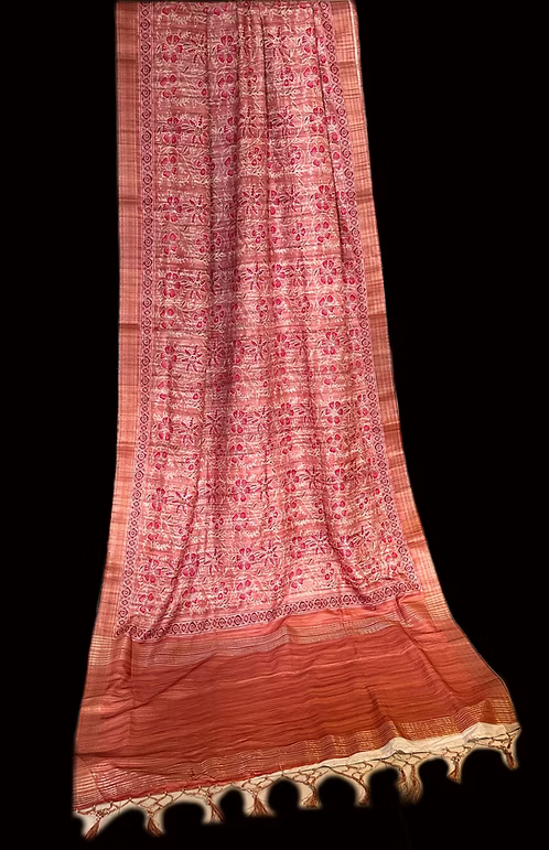 Saffron Ajrakh silk saree with block prints