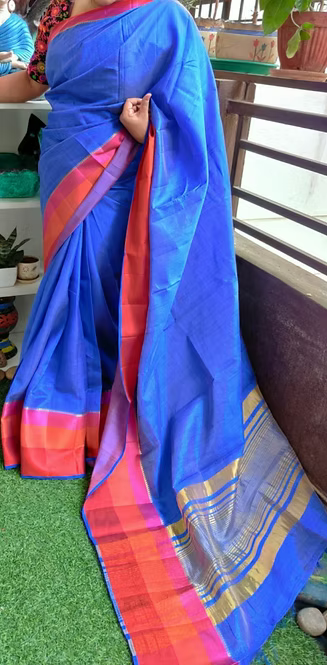 Blue Tussar silk with simple border