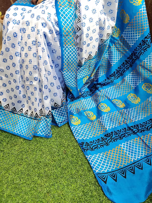 Semi Murshidabad silk saree with block