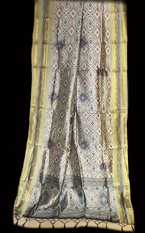 Pista green silk saree with block prints