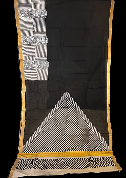 Black & white block print cotton saree