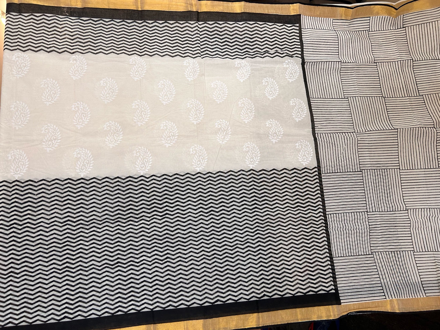 Black & white block print cotton saree