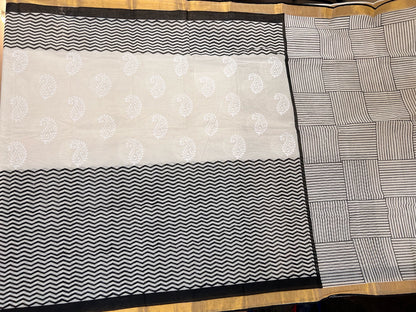 Black & white block print cotton saree