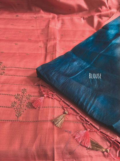 Peach Raw silk embroidery saree