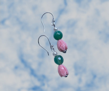 Green onyx with coral tulips Earrings
