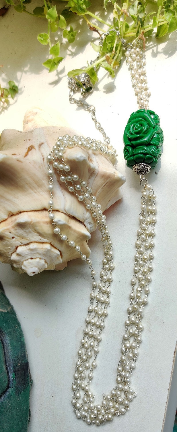 Multi line Pearls with Jade Rose