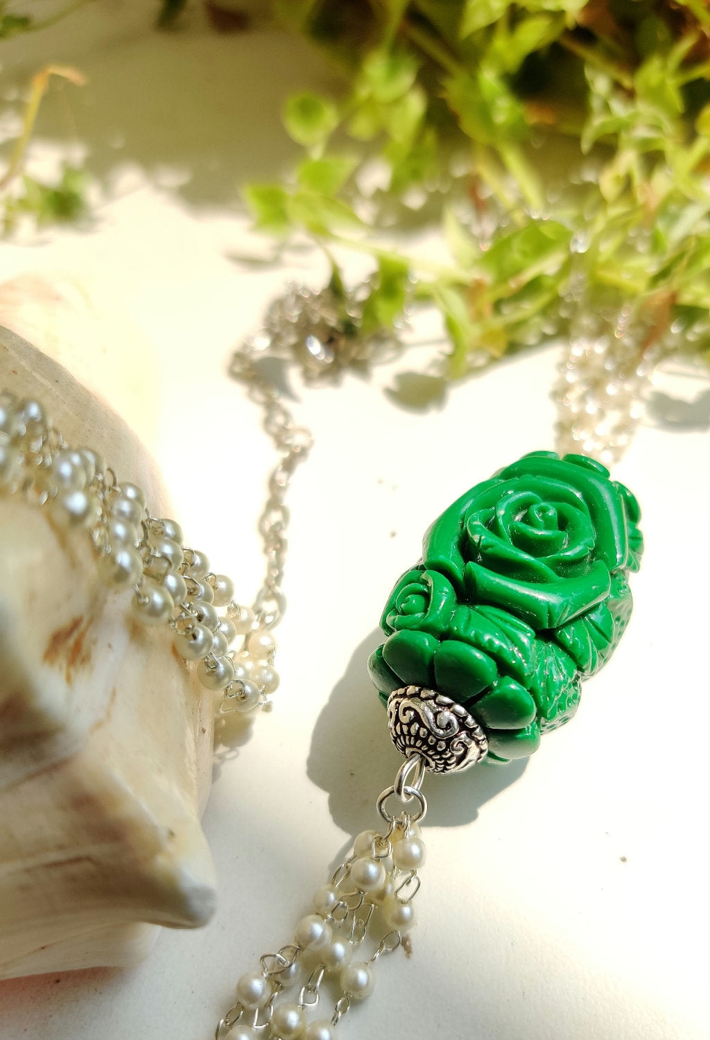 Multi line Pearls with Jade Rose