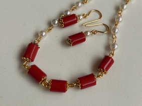 Pure Corals with pearls bracelet and earrings