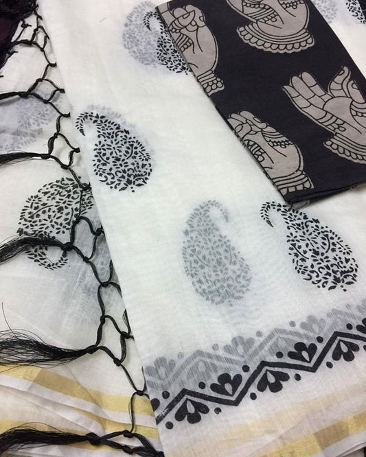 Elegant White cotton Saree with Kalamkari blouse