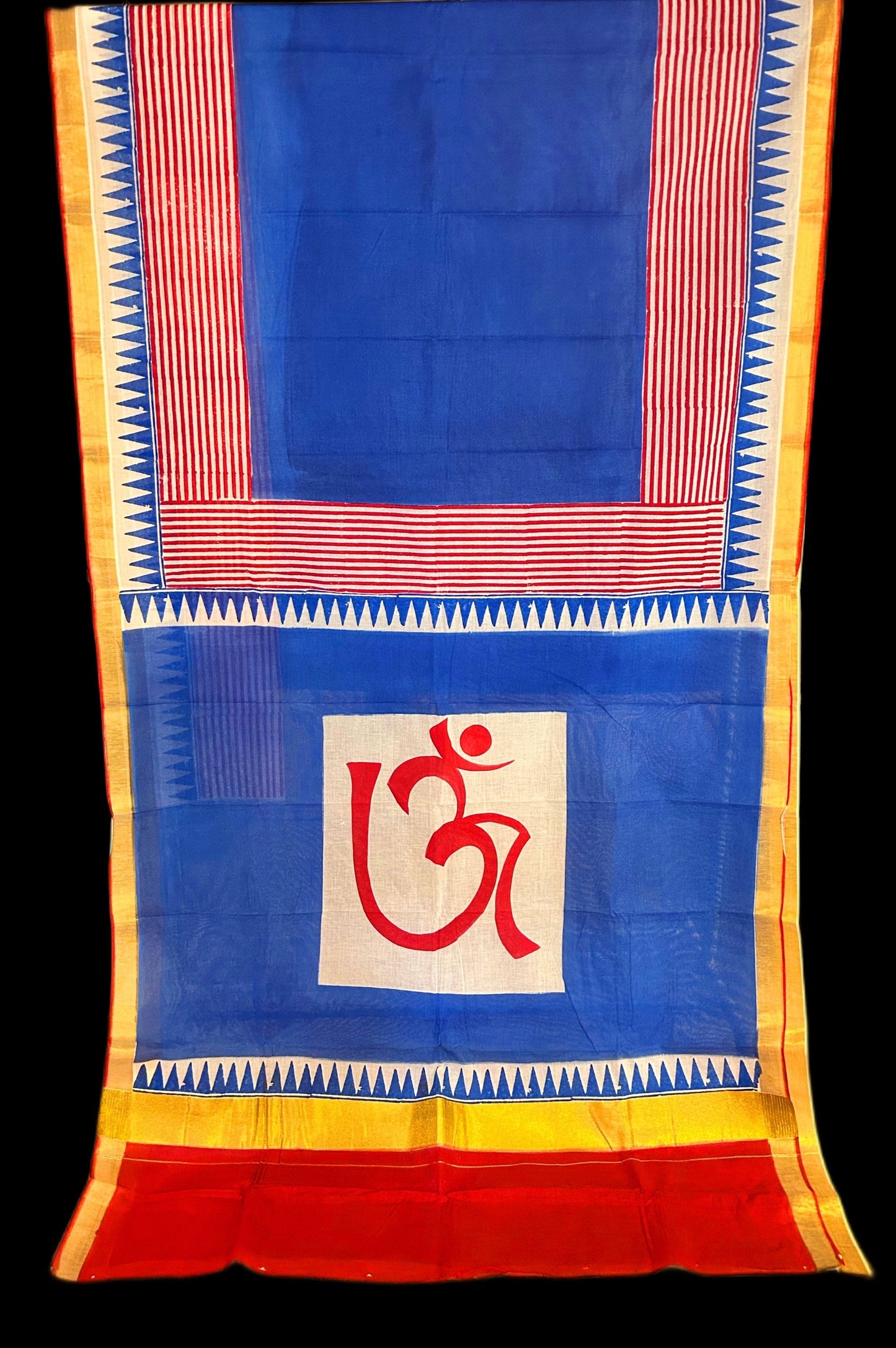 Bright blue block print cotton saree